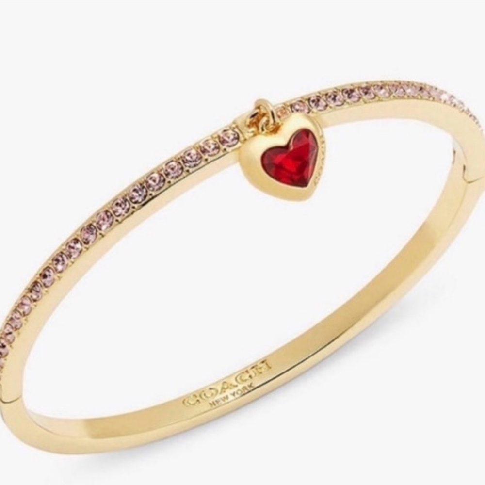 Coach Red Heart Charm Good Tone Hinged Bangle Bracelet NWT